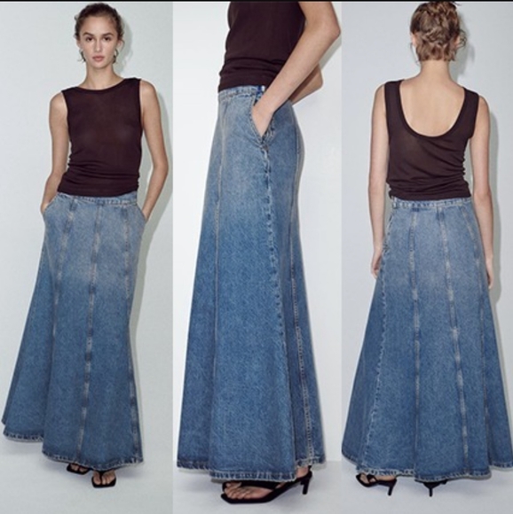 ZARA * HIGH-WAIST ZW LONG DENIM SKIRT FLARED FADED BLUE BLOGGER - Picture 9 of 16